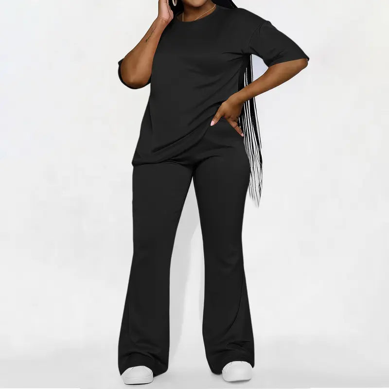Women's Solid Drop Shoulder 2-Piece Set - Half Sleeve Crewneck (Round Neck) Fitted Minimalist Tee & Pants, Casual Cozy Womenswear for Daily Outdoor Fall Wear, Casual Women's Set Suits Basic Shortsleeve Clothes, Matching Sets, Stylish Women's Wear