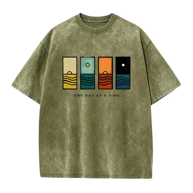 Acid Wash Vintage One Day At A Time Graphic T-Shirt, Minimal Retro Daily Casual Tee, Heavyweight Cotton Streetwear Unisex Crewneck Tshirt