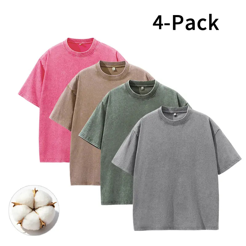Men's Vintage Washed Cotton Streetwear T-Shirts, 2/4-Pack Oversized Plain Round Neck Bundle Short-Sleeve Tops with Cotton Build for Daily Rotation, Men's T Shirts