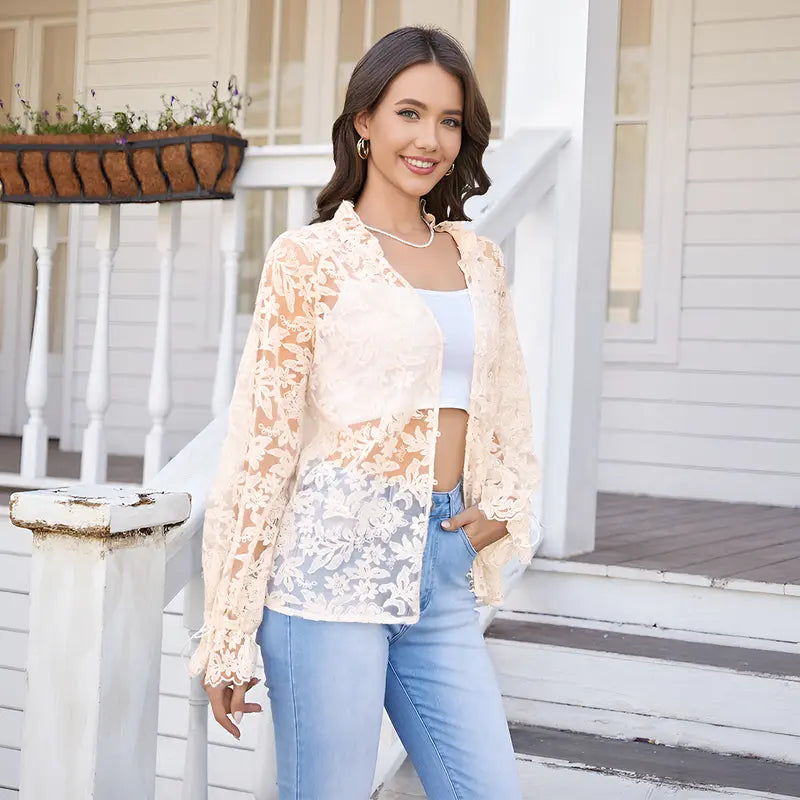 Chicovar Women's  Floral Lace Sheer Blouse, Long Sleeve Button Front Mesh Top with Drawstring Cuffs, Lightweight Romantic Overlay Shirt,Perfect for Date Night, Party, Casual, or Vacation, Summervibes