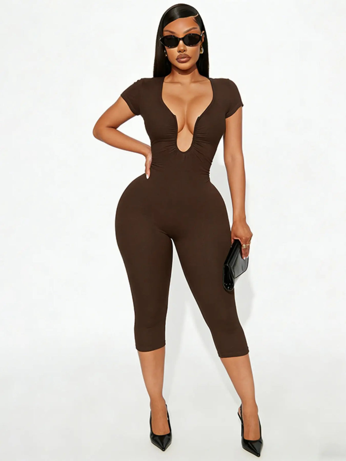 Women's Basic Solid Color U Neck Jumpsuit, Casual Slim-Fit Capri Jumpsuit for Daily Wear, Summer Fashion Womenswear
