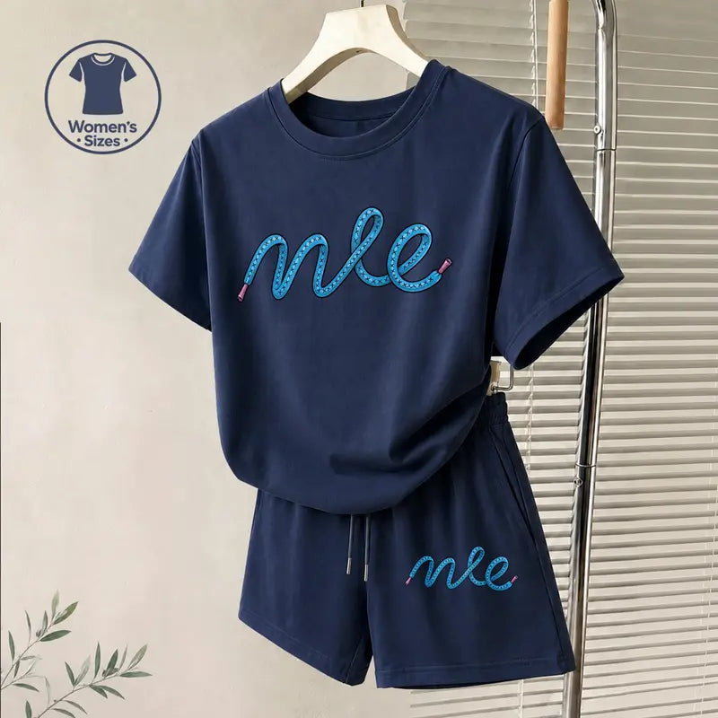 Women’s Minimalist 2-Piece Logo Graphic Print Shortsleeve Set - Breathable Loose Crew Neck Top, Elastic Waist Drawstring Shorts for Casual Summer Daily Wear, Vacation