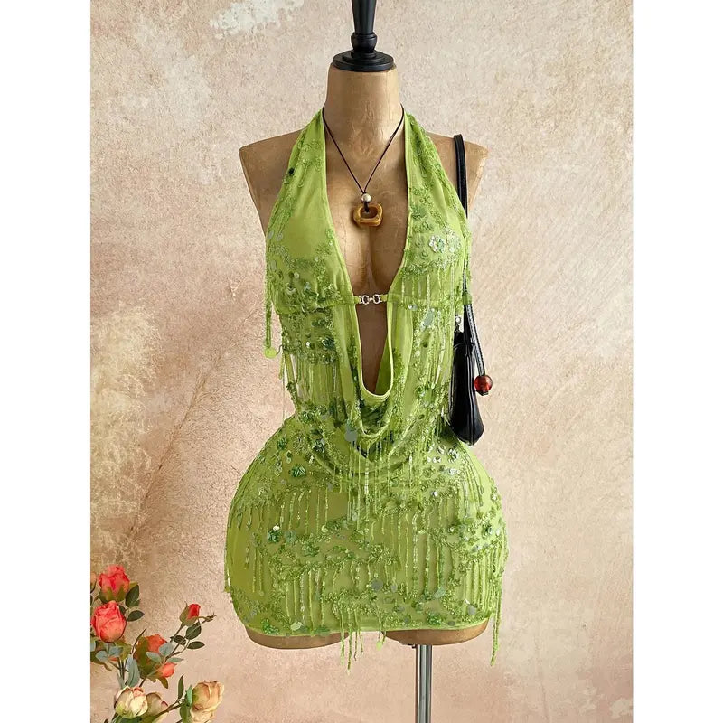 2pcs Fitted Shiny Fringe Sequin Drape Neck Camisole And Mini Skirt Set, Suitable For Music Festivals, Parties