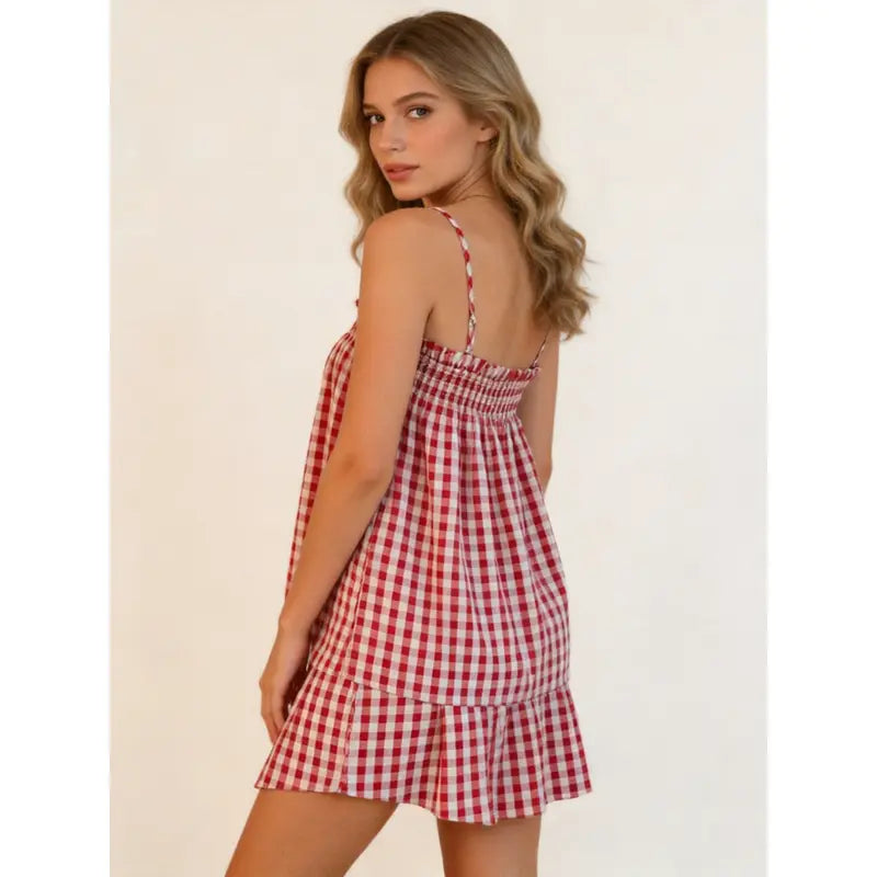 Women's 2 Piece Lounge Outfits Sleeveless Plaid Cami Tank Tops Wide Leg Shorts Sets