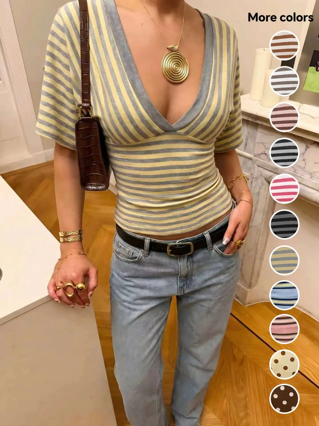 Striped V-Neck Wrap Top, Form-Fitting Puff Sleeve Y2K Crop Blouse, Stylish, Comfortable and Fashion Piece for Everyday Wear, Casual Everyday Tops