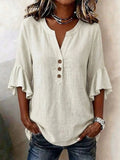 Women's V-Neck Solid Color Button Front Casual Loose Ruffle Sleeve T-Shirt, Fashionable Leisure Top, Stylish and Comfortable, Ruffled, Everyday