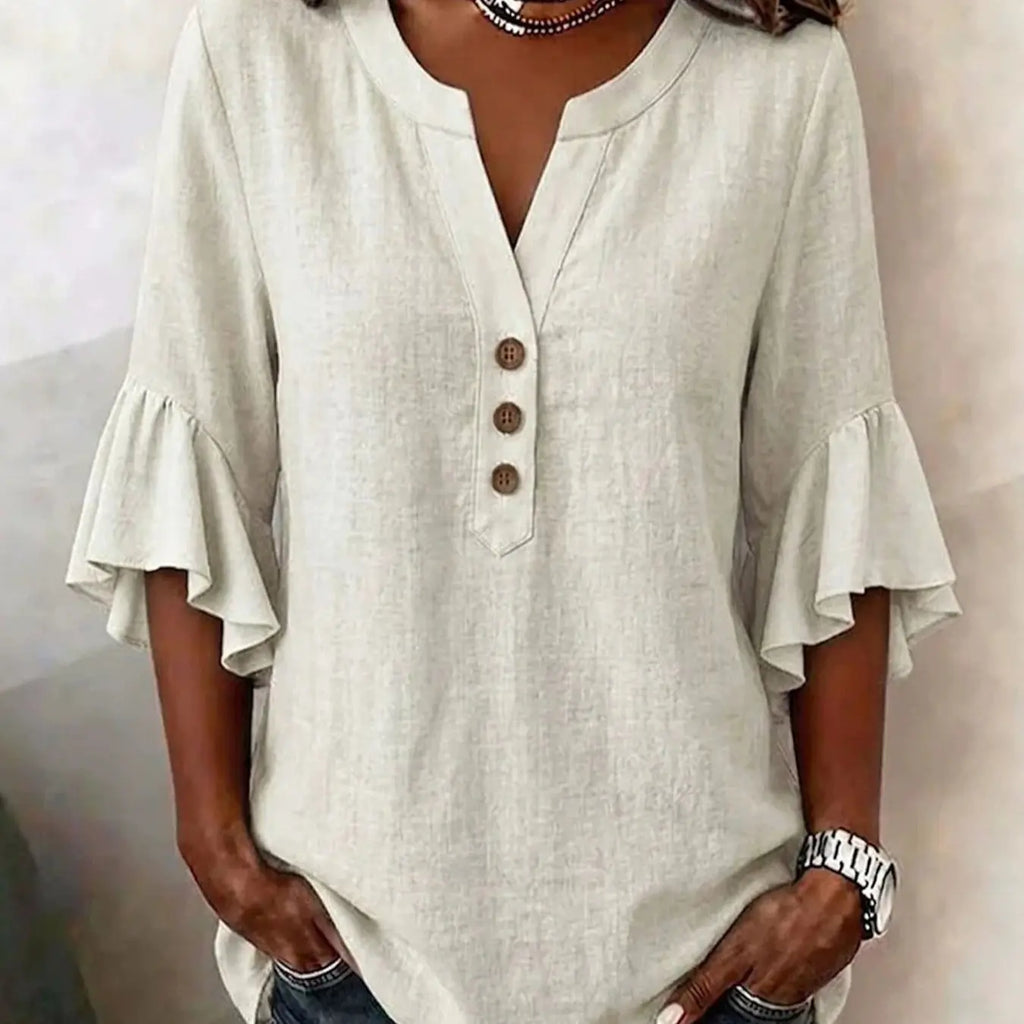 Women's V-Neck Solid Color Button Front Casual Loose Ruffle Sleeve T-Shirt, Fashionable Leisure Top, Stylish and Comfortable, Ruffled, Everyday