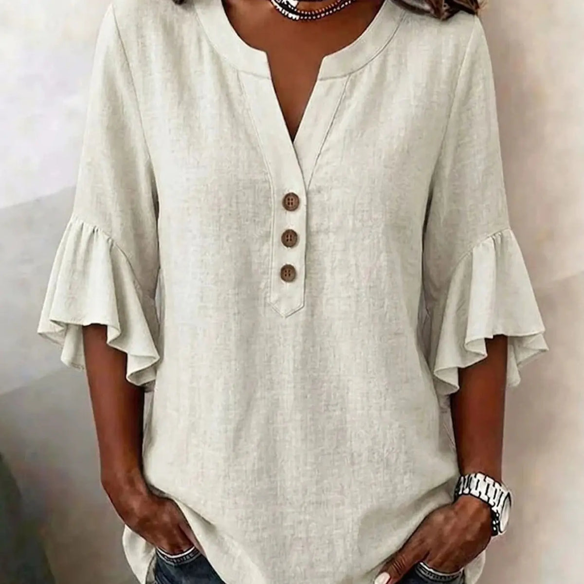 Women's V-Neck Solid Color Button Front Casual Loose Ruffle Sleeve T-Shirt, Fashionable Leisure Top, Stylish and Comfortable, Ruffled, Everyday