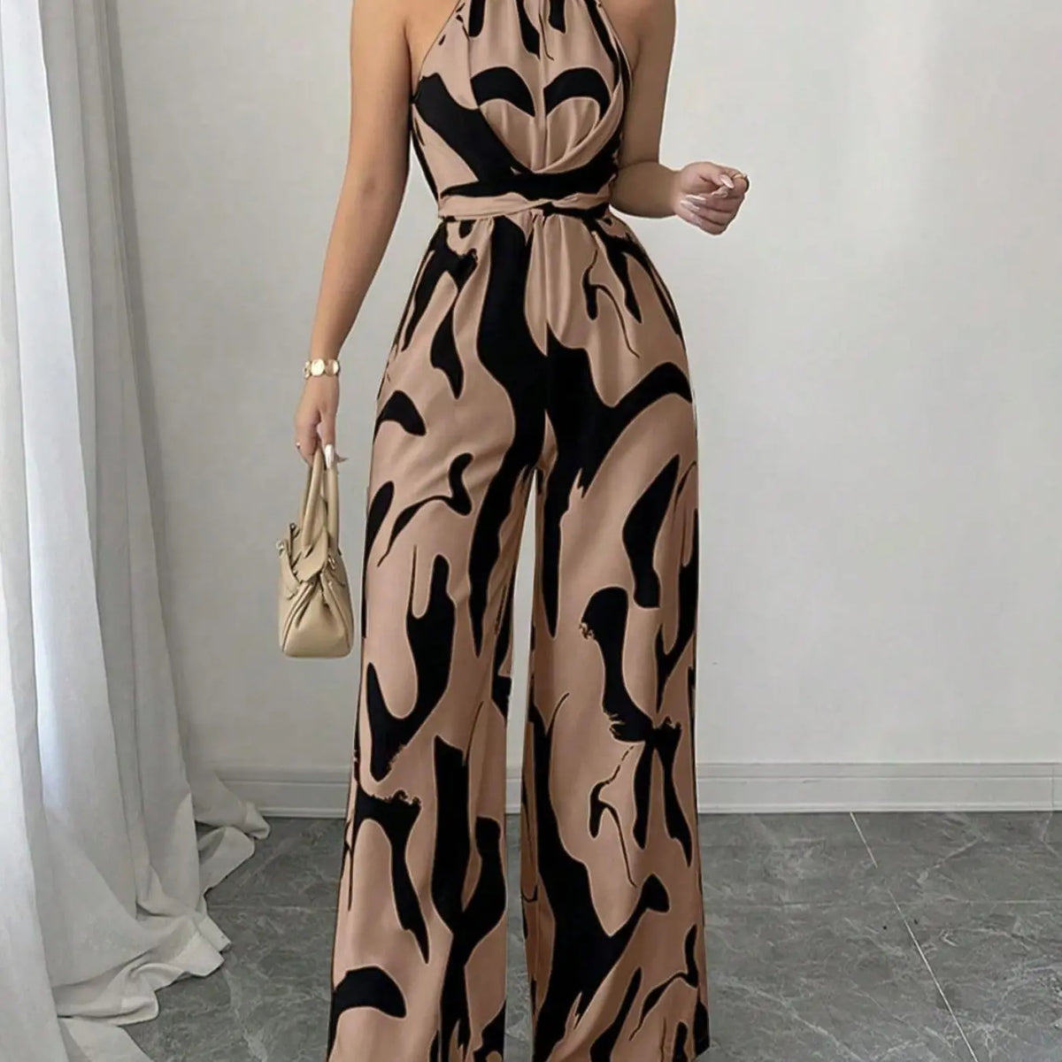 Women's All-Over Print Halter Neck Wide-Leg Jumpsuit, One Piece Jumpsuits, Sleeveless Casual Party Jumpsuit for Holiday Vacation & Daily Wear, Ladies' Spring & Summer Clothes