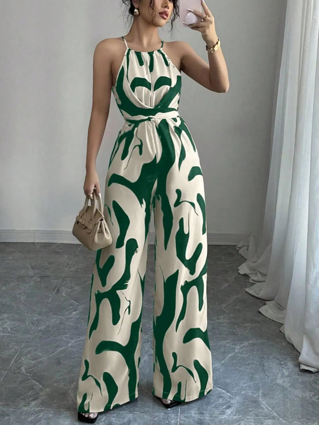 Women's All-Over Print Halter Neck Wide-Leg Jumpsuit, One Piece Jumpsuits, Sleeveless Casual Party Jumpsuit for Holiday Vacation & Daily Wear, Ladies' Spring & Summer Clothes