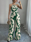 Women's All-Over Print Halter Neck Wide-Leg Jumpsuit, One Piece Jumpsuits, Sleeveless Casual Party Jumpsuit for Holiday Vacation & Daily Wear, Ladies' Spring & Summer Clothes