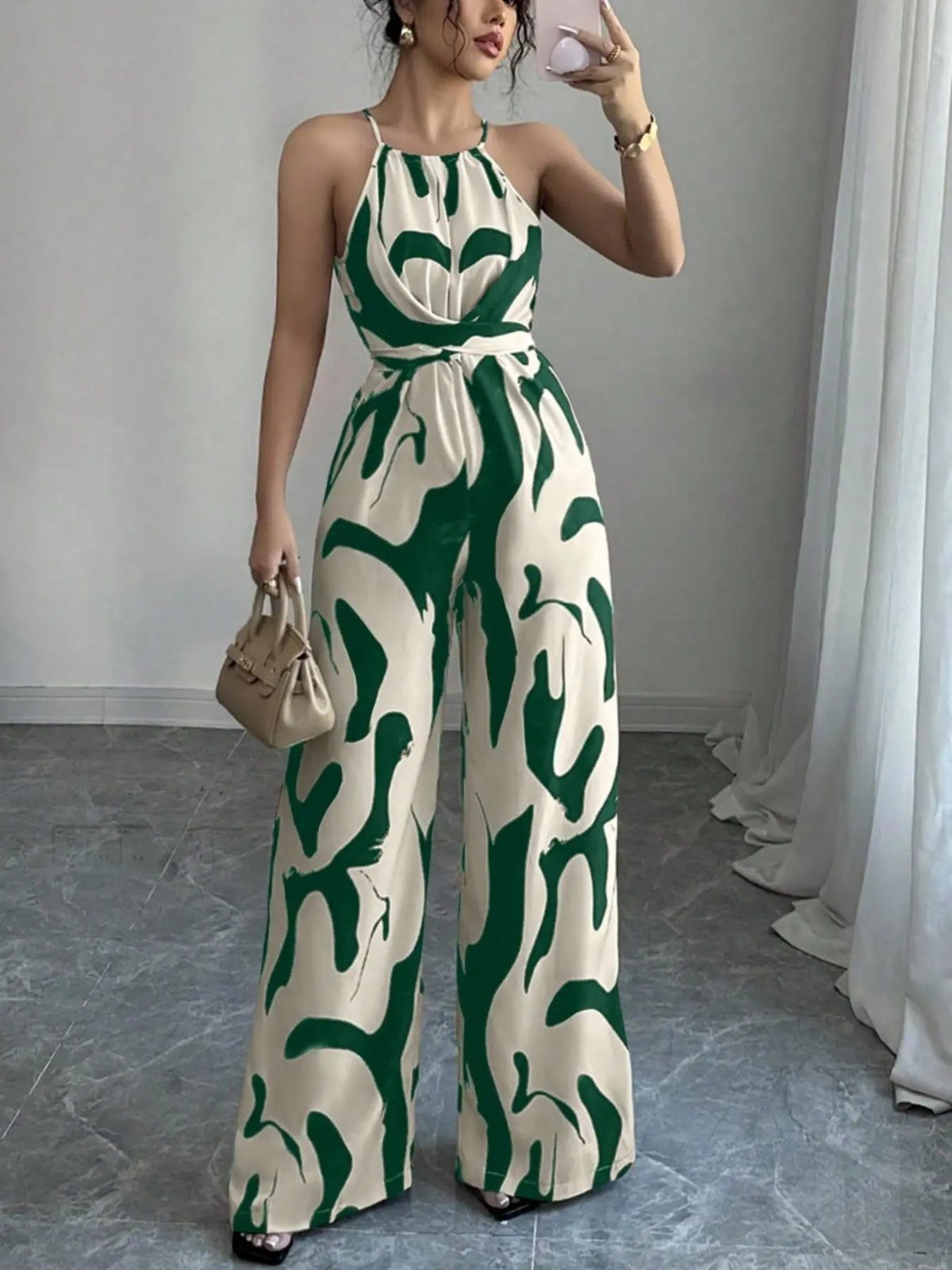 Women's All-Over Print Halter Neck Wide-Leg Jumpsuit, One Piece Jumpsuits, Sleeveless Casual Party Jumpsuit for Holiday Vacation & Daily Wear, Ladies' Spring & Summer Clothes