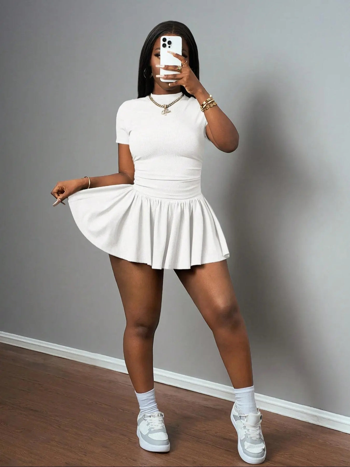 Women's Casual Basic Summer Sports Style Round Neck Short Sleeve T-Shirt + Umbrella Skirt Set Outfit, Two-Piece Knit Fabric, All Seasons Clothes #GLOBAL PICKS