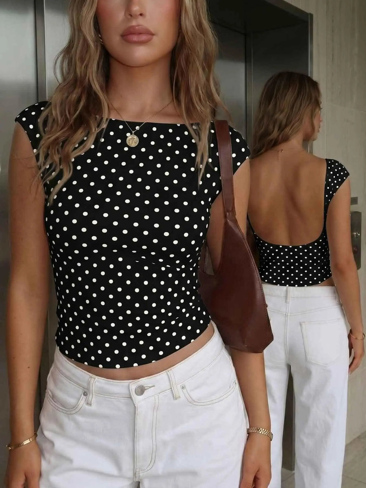 Women White Black Polka Dot Boat Neck Open Back Crop Top, Y2K Vintage Cap Sleeve Backless Slim Fit Tee, Summer French Style Stretch Casual Cropped Blouse Daily Wear Tops #polkadottop #vintageoutfit #tiktokmademebuyit #openbackcroptop