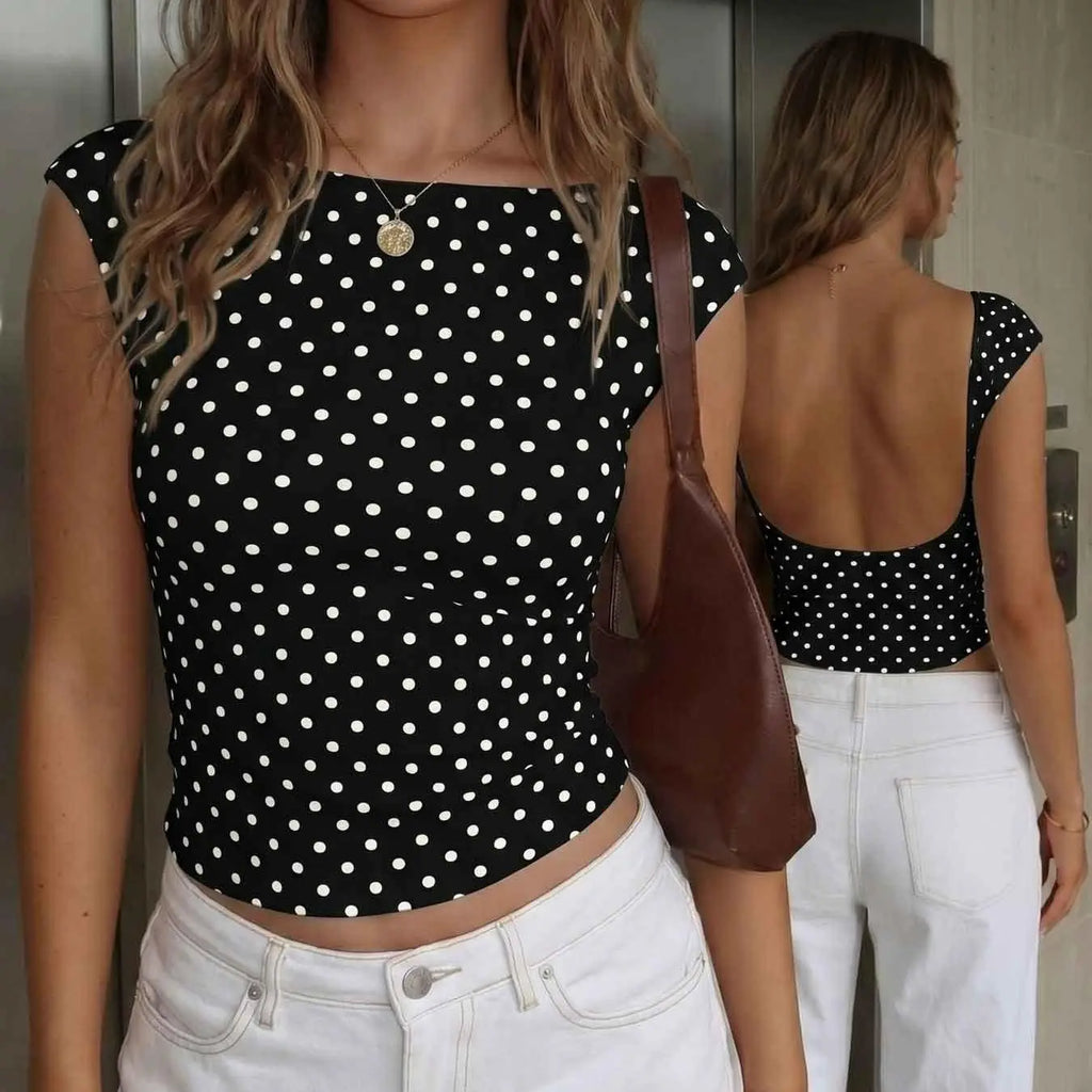 Women White Black Polka Dot Boat Neck Open Back Crop Top, Y2K Vintage Cap Sleeve Backless Slim Fit Tee, Summer French Style Stretch Casual Cropped Blouse Daily Wear Tops #polkadottop #vintageoutfit #tiktokmademebuyit #openbackcroptop