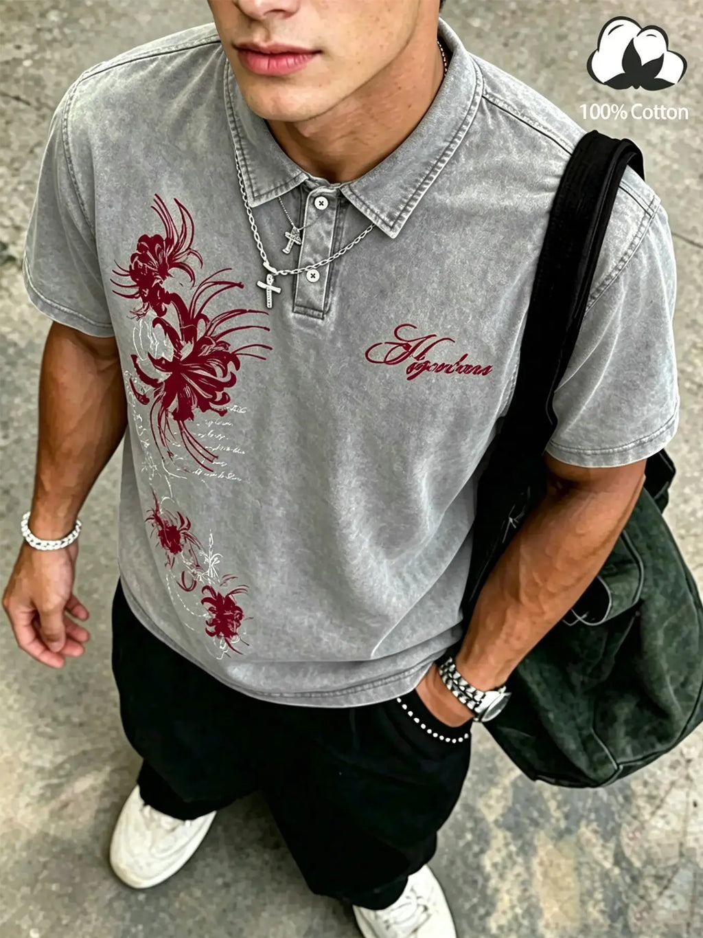 Unisex Dark Gothic Casual 100% Cotton Washed Floral Spider Lily Print Oversized Polo Shirt, Y2K American Retro Top, High Street Style, Casual Polo Shirts
