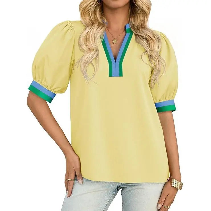 TANKANEO Women's Elegant Chic V-Neck Puff Sleeve Polyester Blouse - Dressy Tops for Coffee, Party, Summer, Loose Fit with Floral or Leopard Prints, Blouses for Women