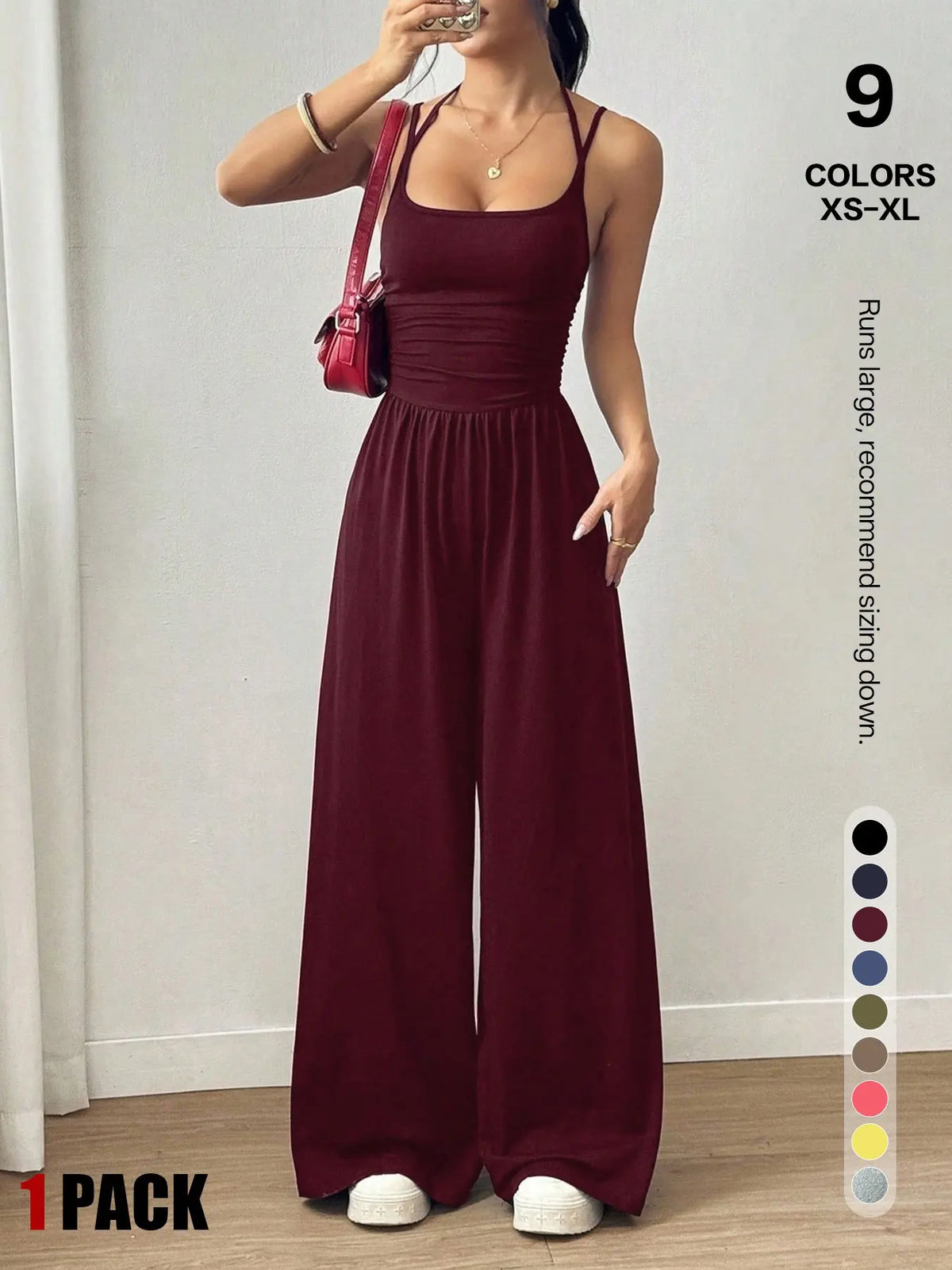 Women's Backless Jumpsuit, Basic Spaghetti Strap Smocked Bodice One Piece Romper, Sleeveless Wide Leg Casual Outfit, No Pockets, All Seasons Vacation Wear
