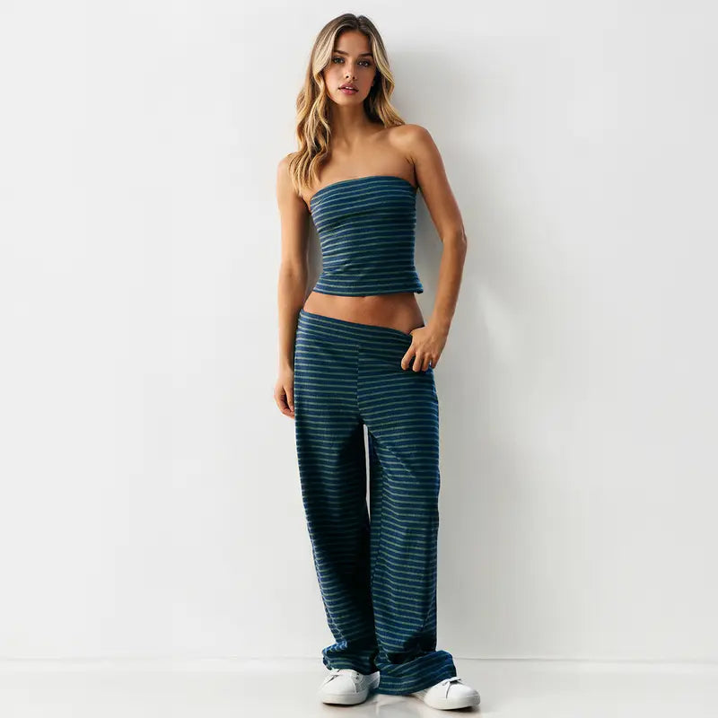 Katch Me Chic(US/CN)Women's Casual Color Matching Stripe Slim Tube Top & Low-Rise Wide Leg Trousers Co-ord, Lightweight Wrinkle-Resistant Spring & Summer Outfits, Skin-Friendly Two Piece Sets #TikTokMadeMeBuyIt #TwoPieceSet #SummerEssentials Cropped Soft