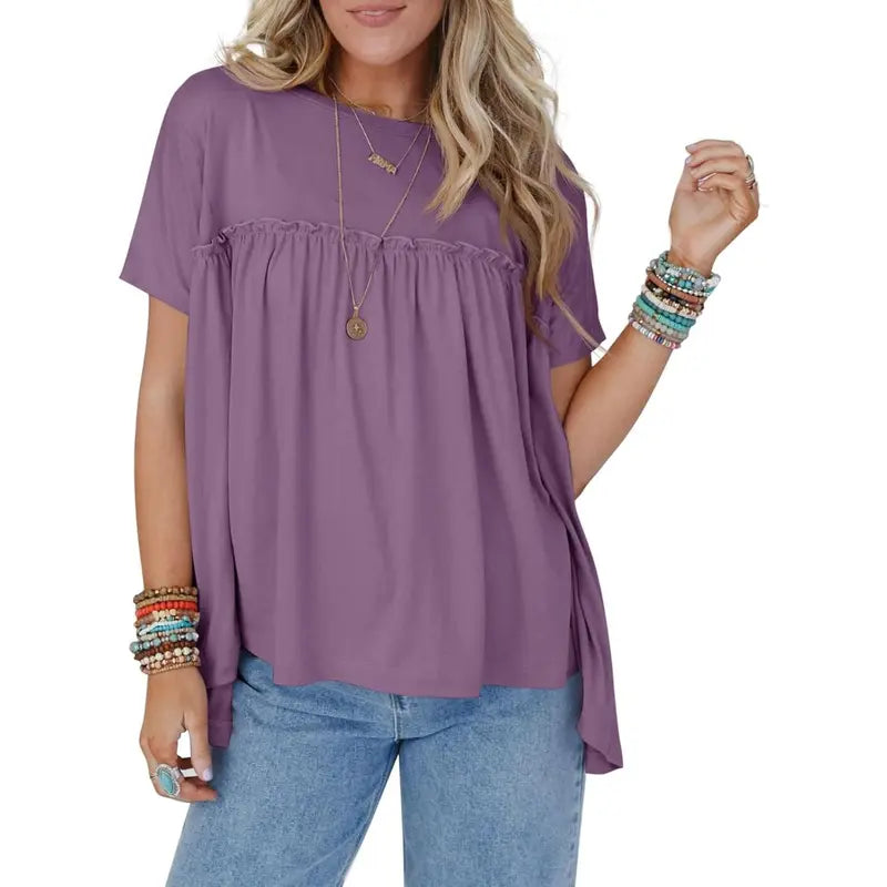 Imily Bela Womens Summer Babydoll Tunic Tops Pleated Short Sleeve Crew Neck Peplum T Shirts Casual Loose Fit Outfits Womenswear Blouse church outfit Breathable Chic