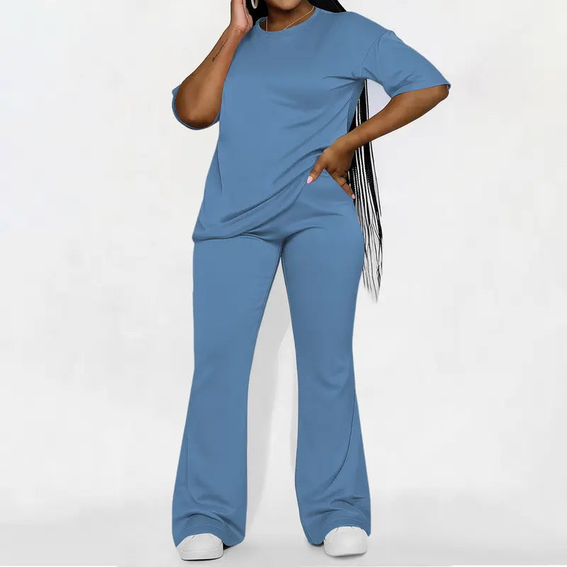 Women's Solid Drop Shoulder 2-Piece Set - Half Sleeve Crewneck (Round Neck) Fitted Minimalist Tee & Pants, Casual Cozy Womenswear for Daily Outdoor Fall Wear, Casual Women's Set Suits Basic Shortsleeve Clothes, Matching Sets, Stylish Women's Wear