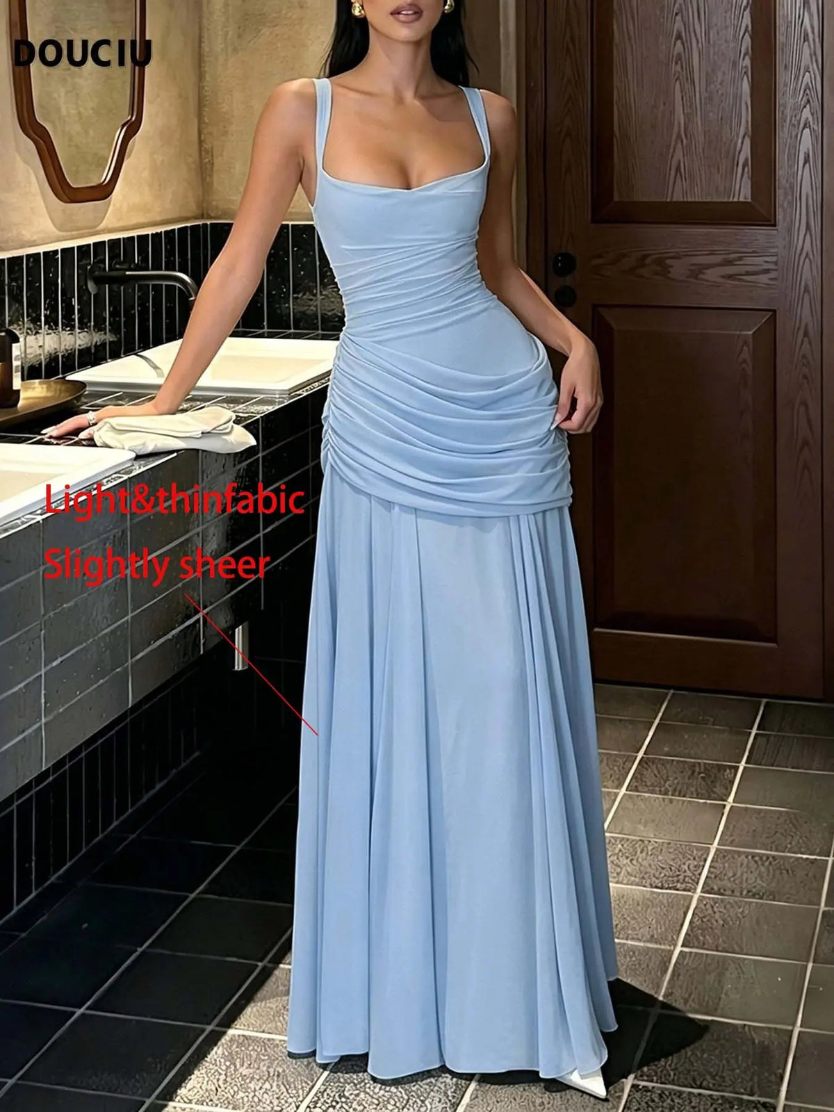DOUCIU Spring Summer Thin Plain Semi-Transparent Long Dress Gowns, Elegant Pleated Chiffon A-Line Dress, Cross Back Maid Dress, Wedding Guest Evening Party Formal Dress, A Line Dresses