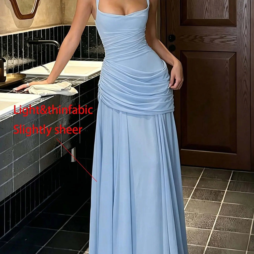 DOUCIU Spring Summer Thin Plain Semi-Transparent Long Dress Gowns, Elegant Pleated Chiffon A-Line Dress, Cross Back Maid Dress, Wedding Guest Evening Party Formal Dress, A Line Dresses
