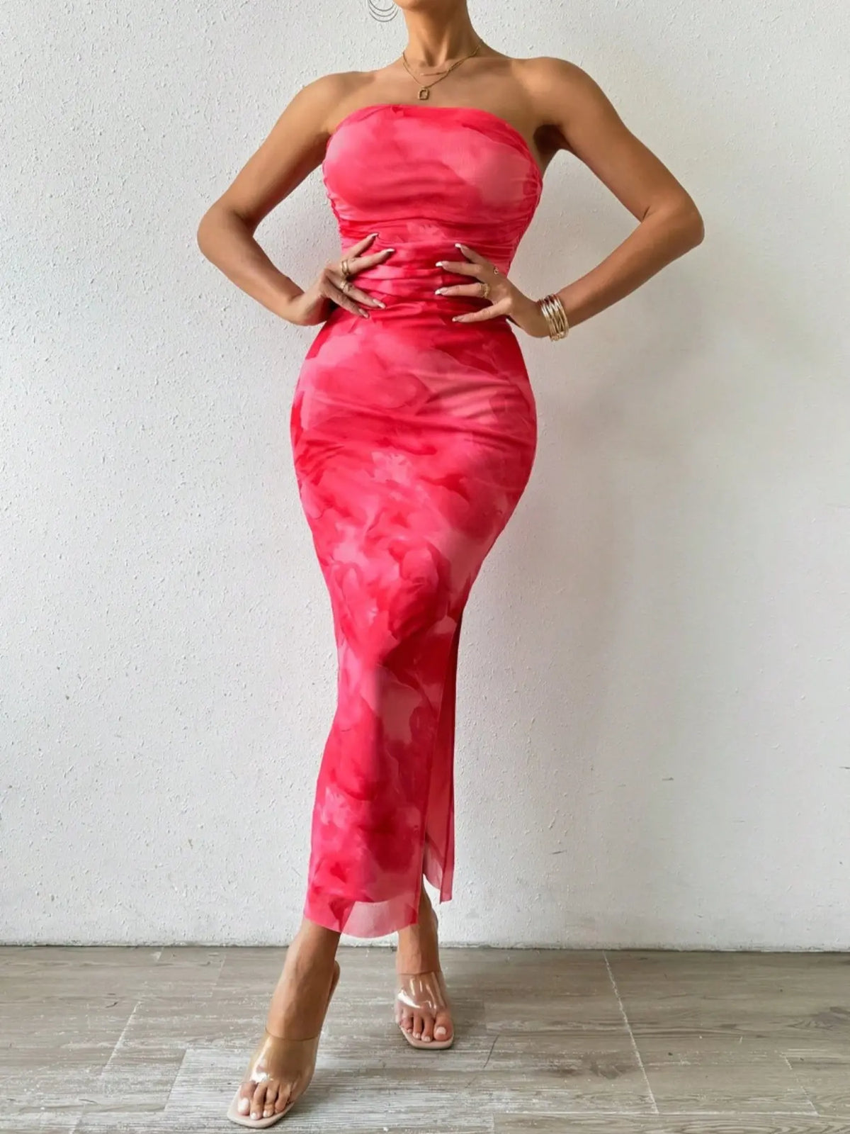 LovelyWholesale, Mother's Day Under $10, Women's All Over Print Ruched Backless, Strapless, Sleeveless Split Thigh Bodycon Fit Tube Dress, Sundress Maxi Dress, Elegant Fashion Dress, for Spring And Summer, Beach Holiday Elegance, Backless Fitted Dress