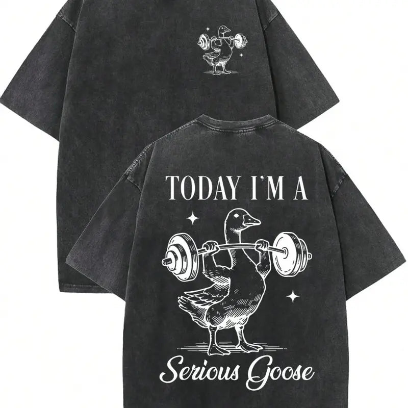 Men's Vintage Washed Black Cotton Athletic Workout Tee - Double-Sided "Today I’m A Serious Goose" Weightlifting Graphic, Breathable Oversized Funny T-Shirts Meme Streetwear Top (Pairs with Jeans)