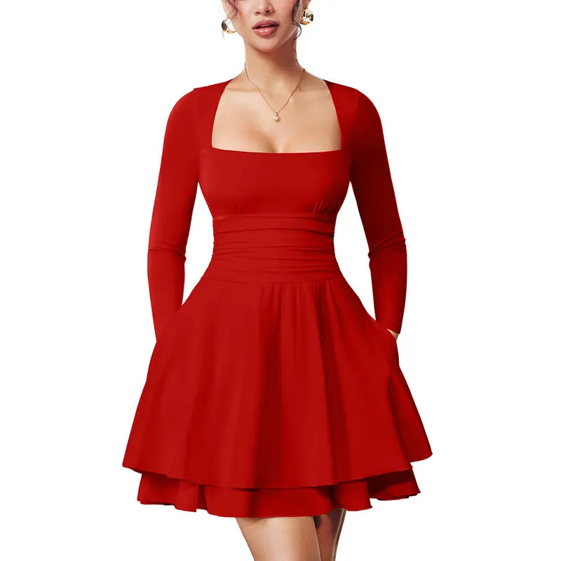 OYS Women's Square Neck Ruffle Hem Mini Dress Ruched Waist Long Sleeve Corset Short Party Dresses With Pockets