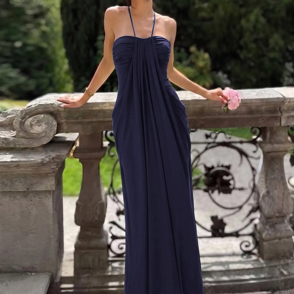 Women's Solid Color Ruched Bodycon Halter Dress, Sexy Sleeveless Strapless Backless Plicated Slim Fit Tube Dress, Party Club Date Evening Gown Formal Dress, Elegant Casual Daily Maxi Long Dresses For Ladies All Seasons Summer Fashion Clothes Wear