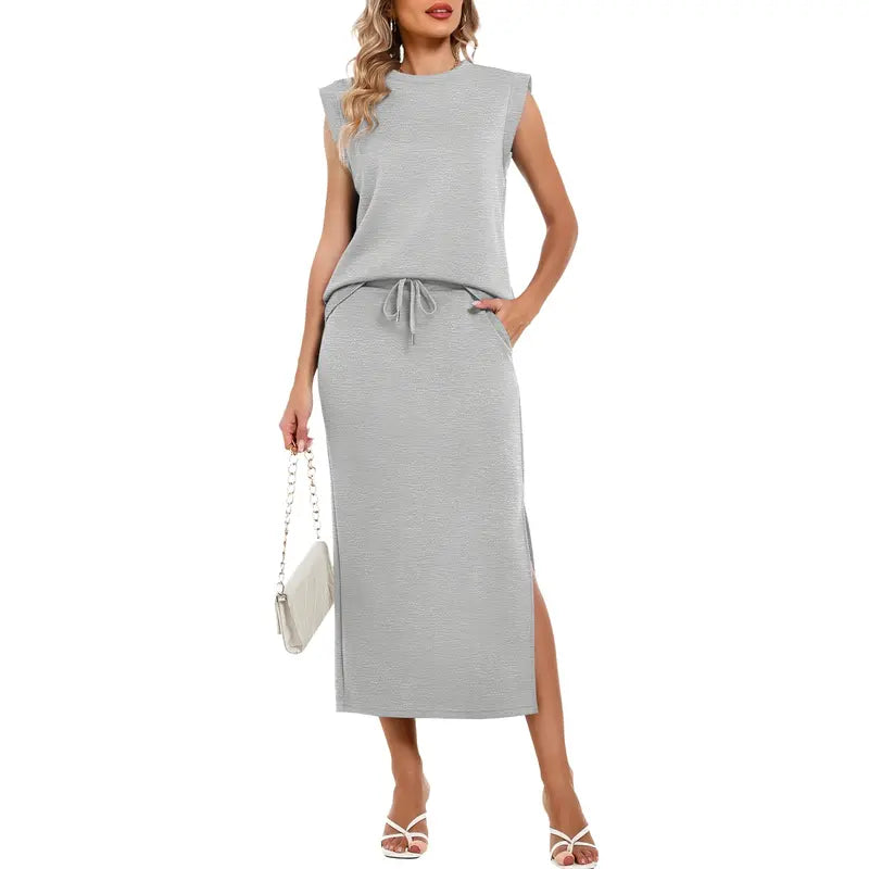Casly Lamiit Women's 2-Piece Soft Fabric Crew Neck Cap Sleeve Top & Drawstring Midi Skirt Set with Pockets, Summer Lounge Basics Outfits