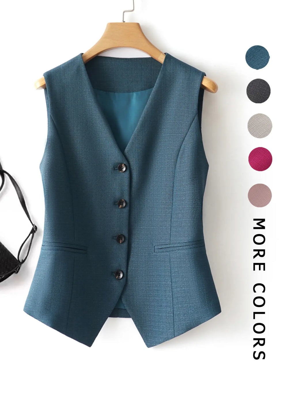 Women's V-Neck Button Gilet, Button Front Vest, Short Elegant Vest for Spring & Fall, Casual Plain Surface Outerwear, Fashionable Slim Fit Top