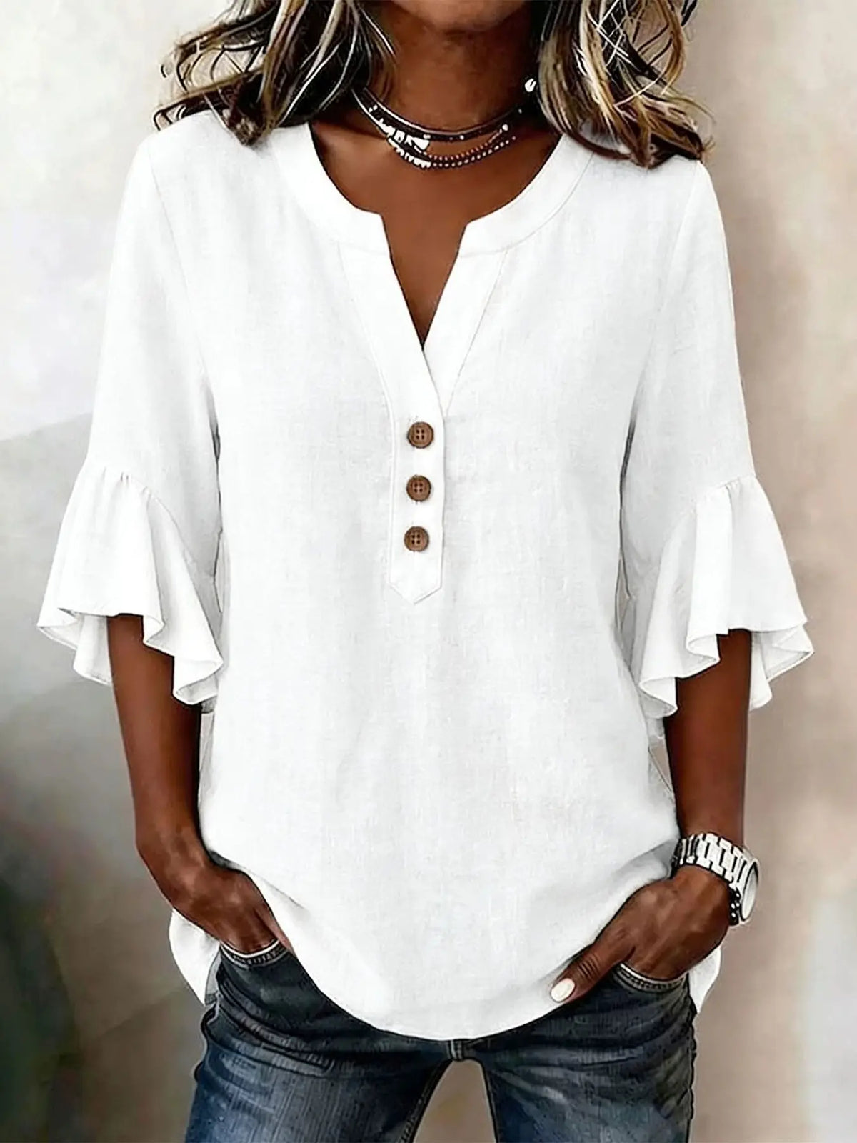 Women's V-Neck Solid Color Button Front Casual Loose Ruffle Sleeve T-Shirt, Fashionable Leisure Top, Stylish and Comfortable, Ruffled, Everyday