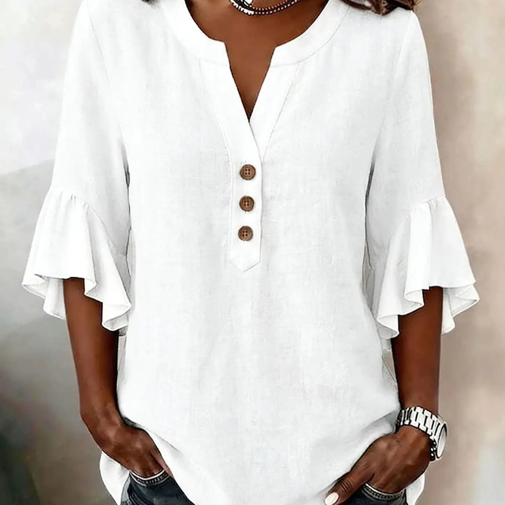 Women's V-Neck Solid Color Button Front Casual Loose Ruffle Sleeve T-Shirt, Fashionable Leisure Top, Stylish and Comfortable, Ruffled, Everyday