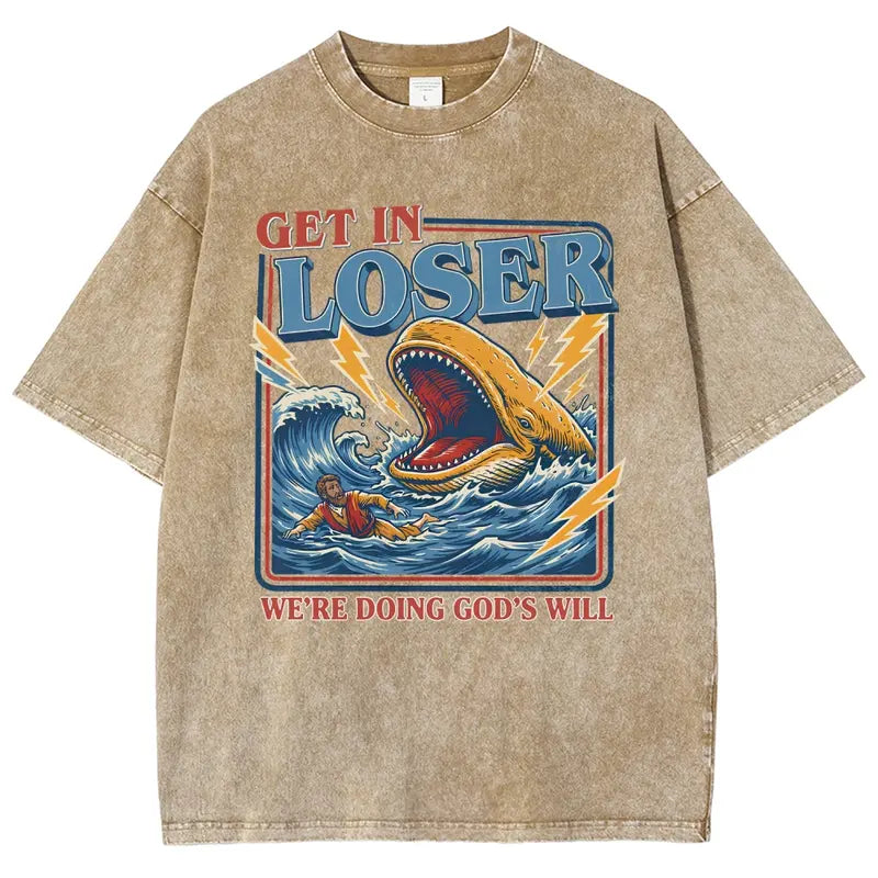 Men's Unisex Cotton Round Neck Oversized Washed T-Shirt - Jesus Christian Streetwear, Jonah and the Whale Graphic, "Get In Loser We're Doing God's Will" Verse, Faith Humor Fabric Style Religious Gift