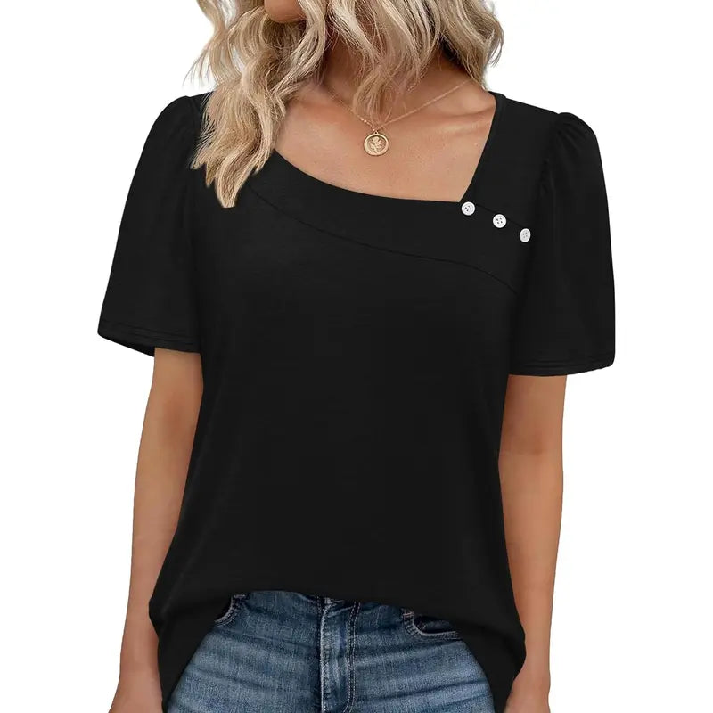 WIHOLL Women's Striped Short-Sleeve Boat Neck Blouse - Elegant Dressy Casual Loose-Fit Top with Button Detail, Soft Stretch Polyester Blend, Chic Aesthetic Blouses & Shirts, Check Size Chart, Back-to-School Outfits