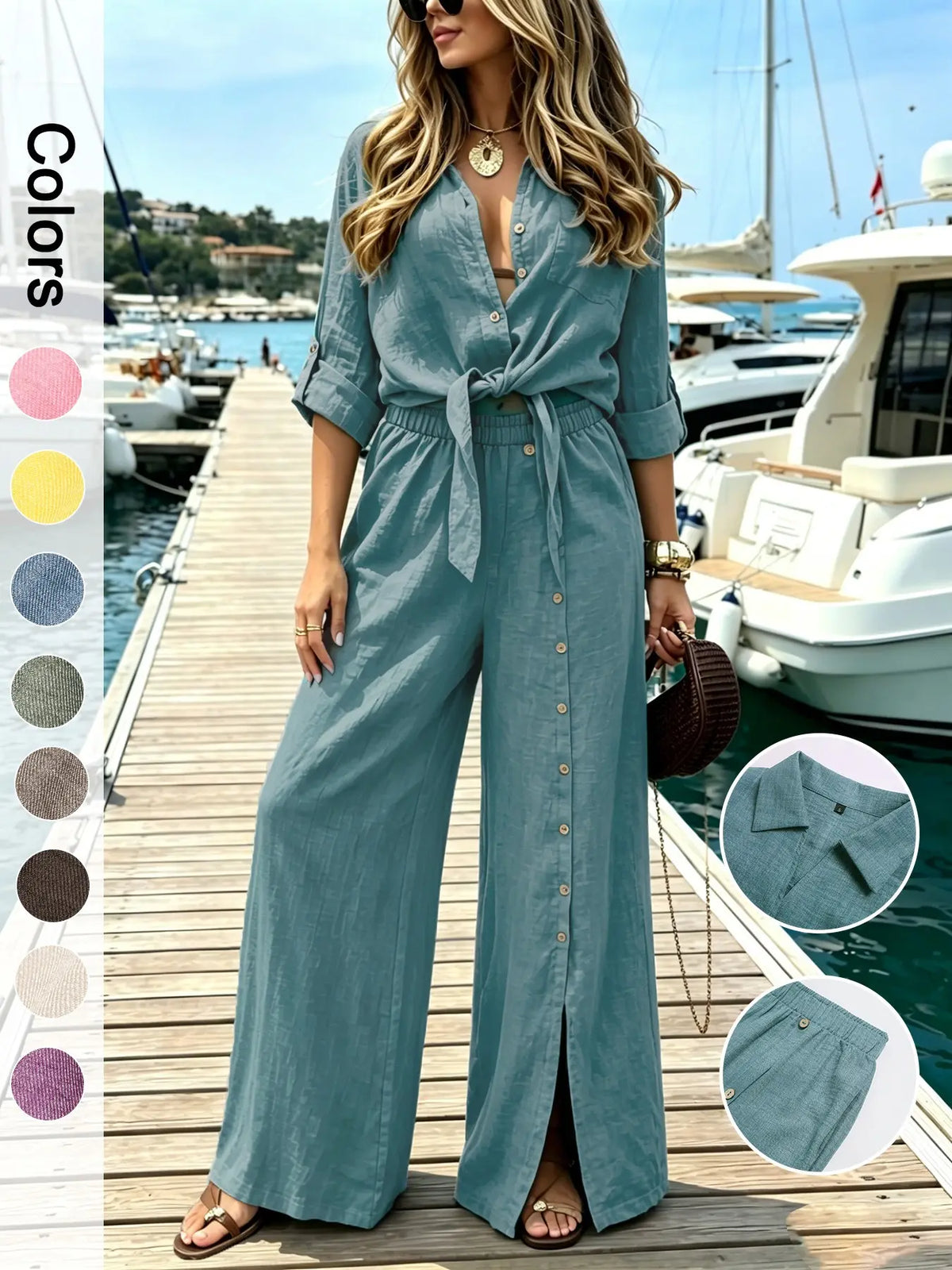 Women's Two-Piece Vacation Style Shirt and Pants Set, Knot Top with Button Decoration, Wide-Leg Pants, Casual Womenswear Clothes