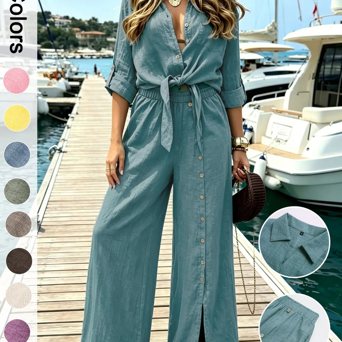 Women's Two-Piece Vacation Style Shirt and Pants Set, Knot Top with Button Decoration, Wide-Leg Pants, Casual Womenswear Clothes