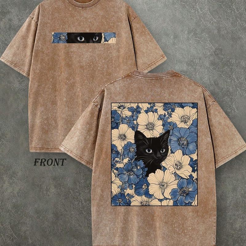 "Cat in the Flowers" Double-Sided Print T-Shirt | Retro Washed 230gsm Cotton, Men's Casual Comfortable Street Style Tee, Vintage Floral Feline Graphic Top Oversized Streetwear Menswear Soft Tshirt