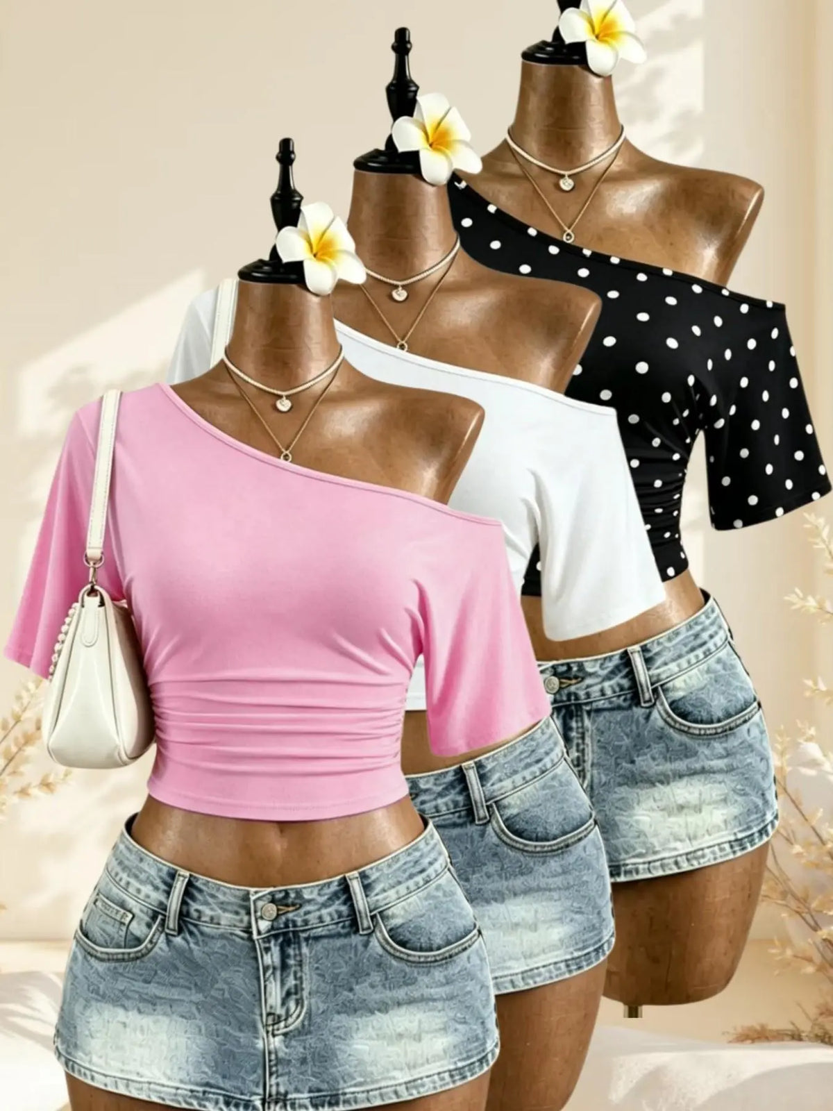 American Vintage Summer Asymmetrical Shoulder Pleated Short Sleeve Top, Polka Dot Solid Color Waist Cinch Slim Fit T-Shirt Set of Three