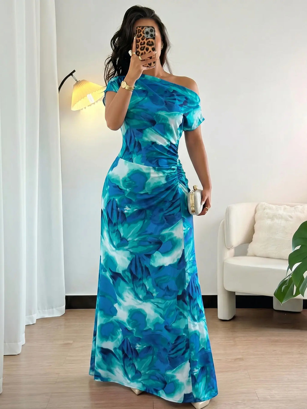 Women's Minimalist Print Asymmetrical Ruffled Floral Formal Dress with Shoulder and Waist Details, Elegant Chic Evening Formal Wear Fashion for Parties and Casual Outings