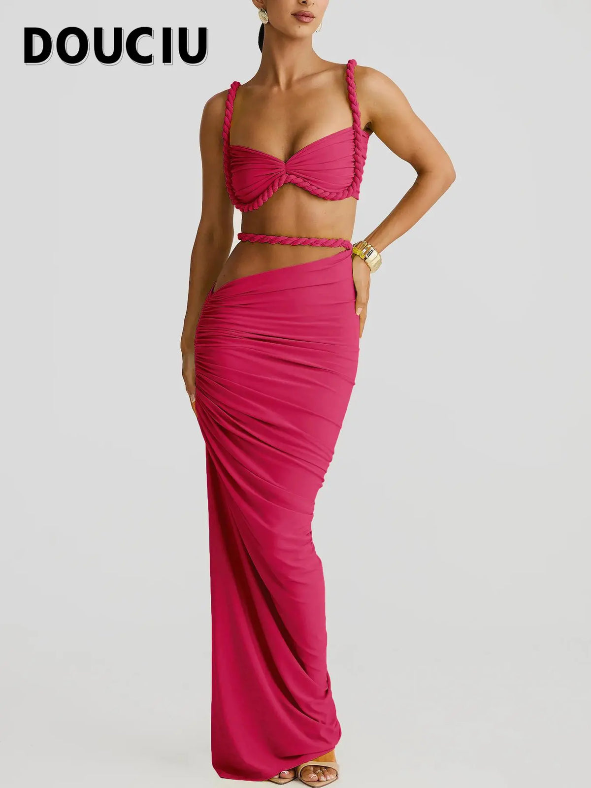 DOUCIU Multicolor Summer Beach Vacation Cool Light Sexy Hot Thin Women's Top Twisted Spaghetti Strap Vest Skirt Two-Piece Set