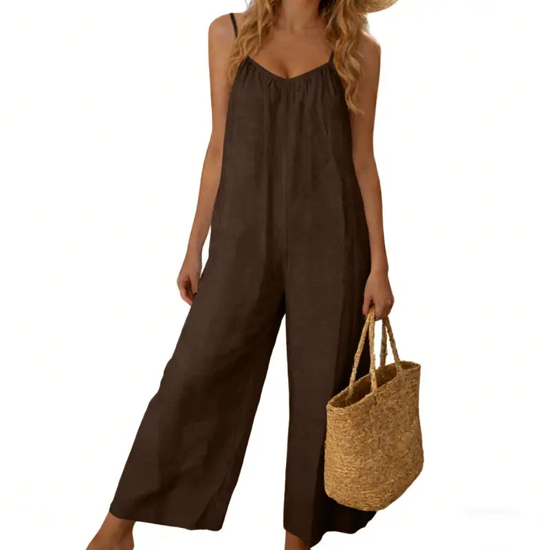 UANEO Women's Backless Jumpsuit Adjustable Spaghetti Strap Wide Leg Loose Vacation Style Romper with Pockets