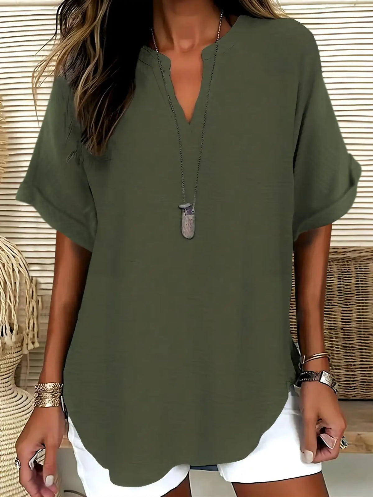 Women's Simple Basic Vintage Elegance Solid V-Neck Short Sleeve Batwing Shirt Blouses, Casual Loose-Fitting Lightweight Pullover, 100% Polyester, All Seasons Fashion Top Minimalist, Casual Daily Tops