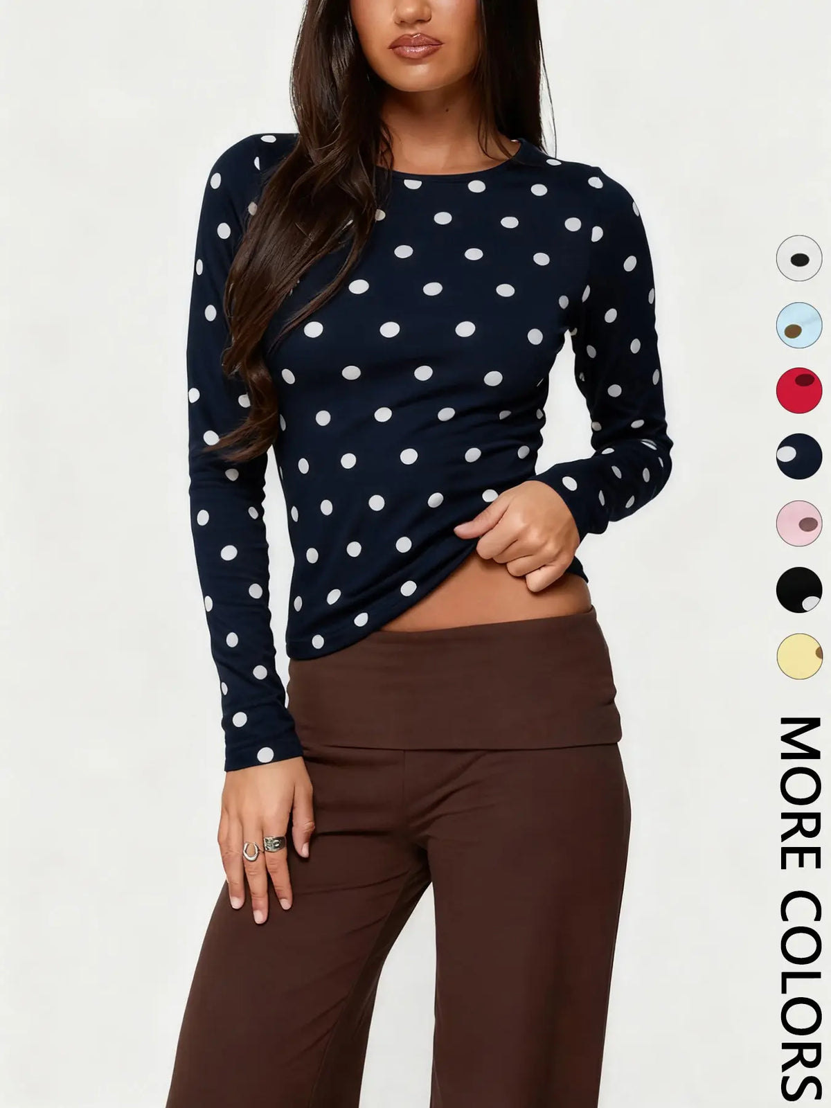 Women's Polka Dot Print Long Sleeve Slim Fit Short Top, Vintage Bodycon, Perfect for Dates and Shopping, Stylish Chic Casual Wear, Bodycon Fitted Top
