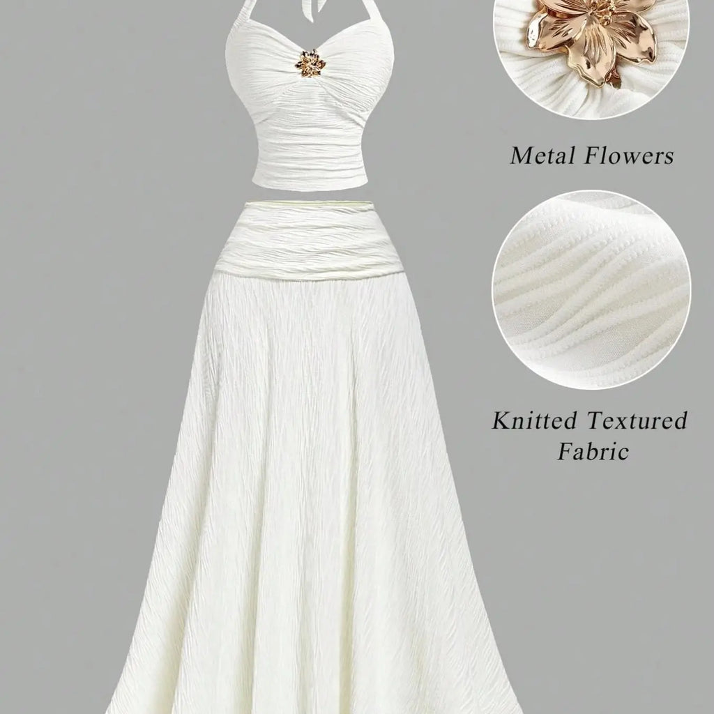 Women's Two Piece Halter Skirt Set, Tie Back Ruched Crop Cami Top with Metal Floral Decor, High Waist Flowy Midi Skirt, Boho Vacation Casual Wear, No Necklace Included