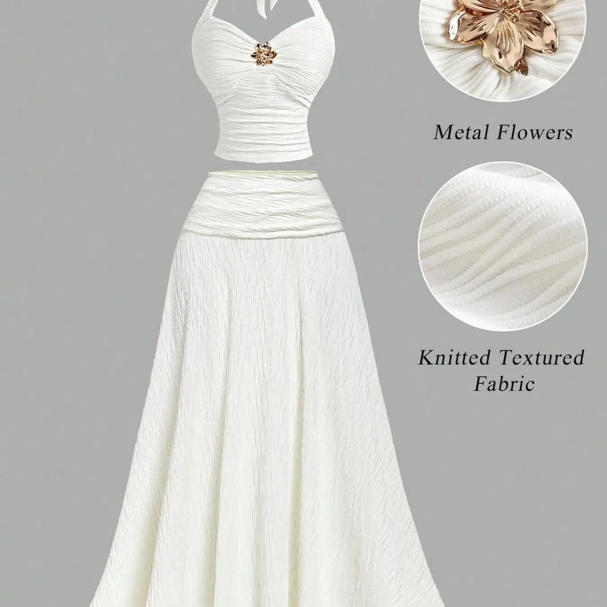 Women's Two Piece Halter Skirt Set, Tie Back Ruched Crop Cami Top with Metal Floral Decor, High Waist Flowy Midi Skirt, Boho Vacation Casual Wear, No Necklace Included