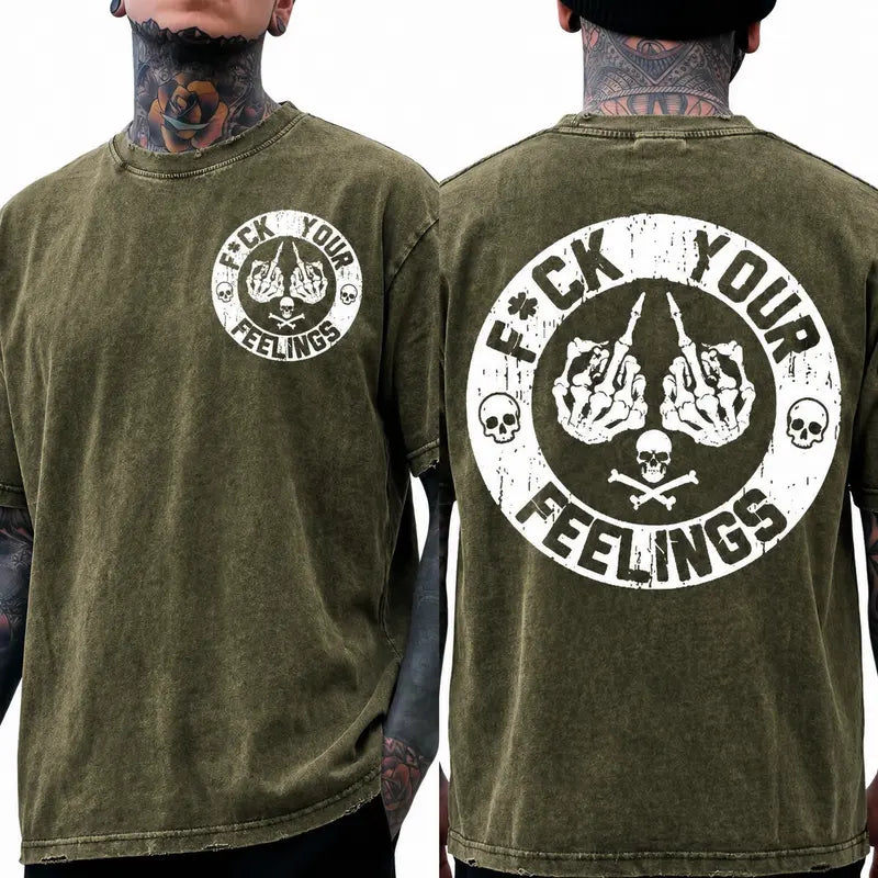 Men's "F*ck Your Feelings" Skull Graphic T-Shirt, Short-Sleeve Round Neck Loose Menswear, Bold Statement Limited Edition Fashion Streetwear Casual Angel Tee tiktokshopspringglowup,summervibes Cotton Tops Black Crewneck Tropical