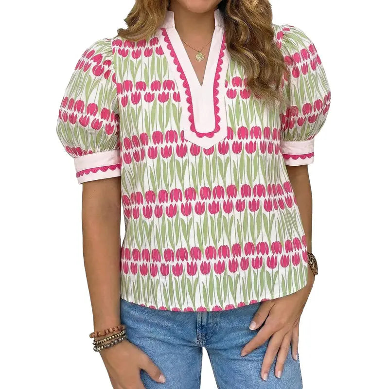 TANKANEO Women's Elegant Chic V-Neck Puff Sleeve Polyester Blouse - Dressy Tops for Coffee, Party, Summer, Loose Fit with Floral or Leopard Prints, Blouses for Women